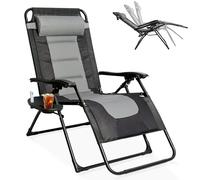 Chaise longue pliable, avec porte-gobelet, rembourrage, extra large, charge maximale : 200 kg, avec dossier réglable et coussin de nuque, chaise de relaxation, chaise longue de balcon, grise