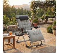 Chaise Longue Pliante avec Coussin Amovible, Transat de Jardin en Acier, avec Tablette et Pochette, Gris Clair