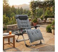 Chaise Longue Pliante avec Coussin Amovible, Transat de Jardin en Acier, avec Tablette et Pochette, Gris Foncé