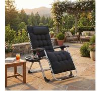 Chaise Longue Pliante avec Coussin Amovible, Transat de Jardin en Acier, avec Tablette et Pochette, Noir