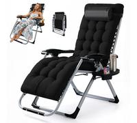 Chaise longue pliante extra-large - Fauteuil Zéro Gravité d'une capacité de charge de 200 kg, avec matelas et oreiller amovibles - Chaise de jardin inclinable (90° à 170°) pour terrasse（ noire）