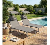 Chaise Longue Pliants Extérieur, Appui-Tête, Dossier et Pare-Soleil Réglables, pour Balcon, Terrasse, Lot de 2, Gris