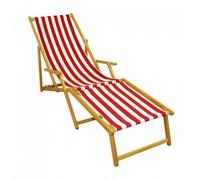 Erst-Holz Chaise Longue Rayures Rouge et Blanc, Bain de Soleil Pliant avec Repose-Pieds, en Bois Naturel 10-314NF
