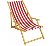 Chaise longue rayures rouge et blanc, chilienne, bain de soleil pliant, en bois naturel 10-314N
