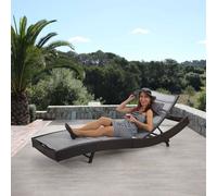 Chaise longue Savannah, Relax chaise longue de jardin, poly rotin ~ brun chiné, housse grise