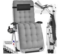 Chaise longue - TECTAKE - Bain de soleil pliable CLOUD réglable, en textilène respirant avec repose-pieds et tablette - Gris clair
