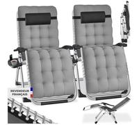 Chaise longue - TECTAKE - Lot de 2 bains de soleil pliables CLOUD dossier et repose-pieds réglable textilène respirant - Gris Clair