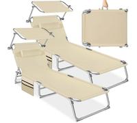 Chaise longue - TECTAKE - Lot de 2 chaises longues pliantes, CHLOÉ, dossier réglable 4 positions, appui-tête amovible - Beige