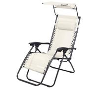 Todeco Chaise Longue Transat Jardin Plein Air, Transat De Plage Pliable Avec Pare Soleil, Bain De Soleil Avec Repose-Tête, Beige
