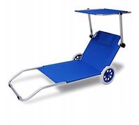 Chaise Longue Universelle Pliable avec Roues et Toit Pare-Soleil - Chaise Longue de Plage réglable et Confortable avec Oreiller - Parfait pour Les familles, Le Jardin, la Plage et Les Pique (Bleu)