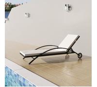 Chaise Longue Avec Coussin 2 Roues Noir Résine Tressée Noir