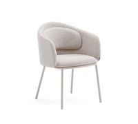 Chaise Minda en chenille beige épaisse avec pieds en acier finition bleue. Crédit FSC Mix.