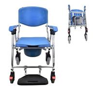 Chaise Percée à Roulettes, Siège Toilette et Douche avec Coussin et Accoudoir, Chaise de douche pliante en alliage d'aluminium pour Personnes Âgées, Capacité de Charge : 150 kg, Bleu