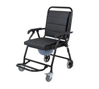 Chaise percée pliable avec siège rembourré, roues et seau amovible - Solution de toilette portable pour personnes âgées et handicapées