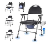 Chaise Percée Pliable, Toilette avec Dossier Réglable, Seau Amovible, Accoudoirs Rembourrés, Pieds Antidérapants, Réglable en 5 Hauteurs, Supporte Jusqu'à 100 kg, Stainless Steel, Noir