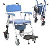 Chaise percée pliante avec roulettes verrouillables et dossier, conception 3 en 1 pour une utilisation au chevet du patient et aux toilettes, idéale pour les personnes âgées et les personnes à mobil