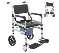 Chaise percée pour personnes âgées, chaise de douche pliable avec roulettes, accoudoirs et repose-pieds - Plateau en forme de O - Hauteur réglable - Pour toilettes, salle de bain, chambre à coucher