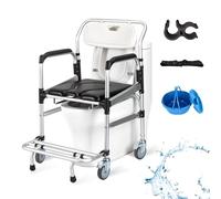 Chaise percée sur roulettes, chaise percée de chevet avec seau amovible et repose-pieds rabattable, tabouret de douche mobile pour personnes âgées et handicapées, chaise de douche imperméable pour