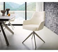 Chaise-pivotante Alja-Flex avec accoudoirs bouclé blanc pied croisé large acier inoxydable brossé pivotement sur 360° ressorts ensachés