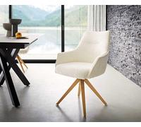 Chaise-pivotante Alja-Flex avec accoudoirs bouclé blanc pied en bois angulaire naturel pivotement sur 180° ressorts ensachés
