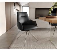 Chaise-pivotante Alja-Flex avec accoudoirs cuir de vache noir pied croisé conique acier inoxydable brossé pivotement sur 180° ressorts ensachés