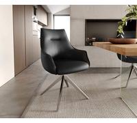 Chaise-pivotante Alja-Flex avec accoudoirs cuir de vache noir pied croisé large acier inoxydable brossé pivotement sur 360° ressorts ensachés