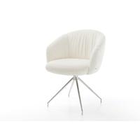 Chaise-pivotante Caja-Flex avec accoudoirs bouclé blanc pied croisé conique acier inoxydable brossé pivotement sur 180° ressorts ensachés