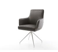 Chaise-pivotante Heira-Flex avec accoudoirs microvelours anthracite vintage pied croisé conique acier inoxydable brossé pivotement sur 180° ressorts ensachés