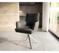 Chaise-pivotante Heira-Flex avec accoudoirs microvelours anthracite vintage pied croisé large acier inoxydable brossé pivotement sur 360° ressorts ensachés