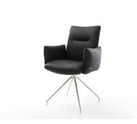 Chaise-pivotante Jova-Flex avec accoudoirs cuir de vache noir pied croisé conique acier inoxydable brossé pivotement sur 180° ressorts ensachés