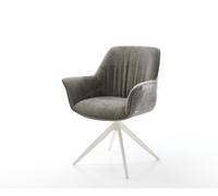 Chaise-pivotante Keila-Flex avec accoudoirs bouclé doux couleur boue pied croisé large blanc pivotement sur 360° fonction bascule