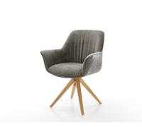 Chaise-pivotante Keila-Flex avec accoudoirs bouclé doux couleur boue pied en bois angulaire naturel pivotement sur 180°