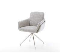 Chaise-pivotante Luan-Flex avec accoudoirs chenille gris argenté pied croisé conique acier inoxydable brossé pivotement sur 180°