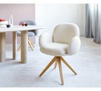 Chaise-pivotante Nube-Flex avec accoudoirs bouclé blanc pied en bois angulaire naturel pivotement sur 180° ressorts ensachés