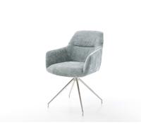Chaise-pivotante Pejo-Flex chenille bleu pastel pied croisé conique acier inoxydable brossé pivotement sur 180° ressorts ensachés