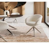 Chaise-pivotante Vinka-Flex avec accoudoirs bouclé blanc pied croisé large acier inoxydable brossé pivotement sur 360° ressorts ensachés