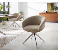 Chaise-pivotante Vinka-Flex avec accoudoirs tissu mixte couleur boue pied croisé large acier inoxydable brossé pivotement sur 360° ressorts ensachés