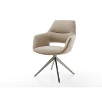 Chaise-pivotante Yago-Flex avec accoudoirs tissu mixte couleur boue pied croisé large acier inoxydable brossé pivotement sur 360° fonction bascule ressorts ensachés