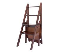 Chaise Pliante avec Échelle 4-Degrés Transformable Tabouret Pliant Escalier en Bois Multifonctionnel, Capacité de 100KG, pour Chambre, Panneaux de Rangement, Balcons, etc. (Marron Noyer)