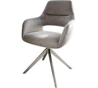 Chaise-rembourrée Yago-Flex avec accoudoirs Pied croisé Large Acier Inoxydable brossé Velours Gris Ressorts ensachés