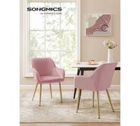 Chaise Salle À Manger, Lot De 2, Chaise De Cuisine, Fauteuil En Velours, Rembourrée, Avec Accoudoirs, Charge Max. 120 Kg, Pieds En Métal, Rose Bonbon Et Doré Clair