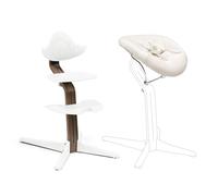 Chaise Stokke Nomi (Walnut White) + Newborn Set (White Grey Sand) - Comprend un Harnais de Sécurité à 5 Points et une Housse Textile Réversible Lavable - Supporte jusqu’à 150 kg