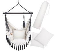 Chaise Suspendue Beige avec Coussins Fauteuil Suspendu XL hamac Coton avec Franges capacité 150kg intérieur extérieur