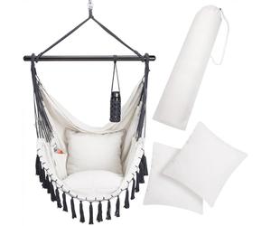 Chaise Suspendue Beige avec Coussins Fauteuil Suspendu XL hamac Coton avec Franges capacité 150kg intérieur extérieur