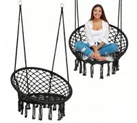 Chaise suspendue - Chaise hamac de jardin en macramé gris et siège pivotant - Chaise pivotante en corde solide et franges de style bohème - Chaise de jardin portable, siège pivotant d'extérieur pour j