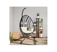 Chaise suspendue en forme d ouf et support beige rotin et acier