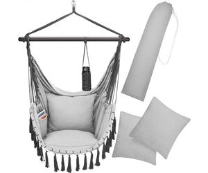 Chaise Suspendue Grise avec Coussins Fauteuil Suspendu XL hamac Coton avec Franges capacité 150kg intérieur extérieur