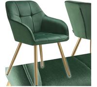 Chaise - TECTAKE - Fauteuil de salle à manger MARYLIN aspect velours avec pieds en acier doré - Vert Foncé/Or