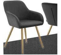 Chaise - TECTAKE - Fauteuil de salle à manger MARYLIN en velours côtelé avec pieds en acier noir - Anthacite/Doré