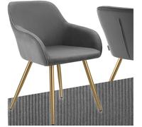 Chaise - TECTAKE - Fauteuil de salle à manger MARYLIN en velours côtelé avec pieds en acier noir - Gris/Doré